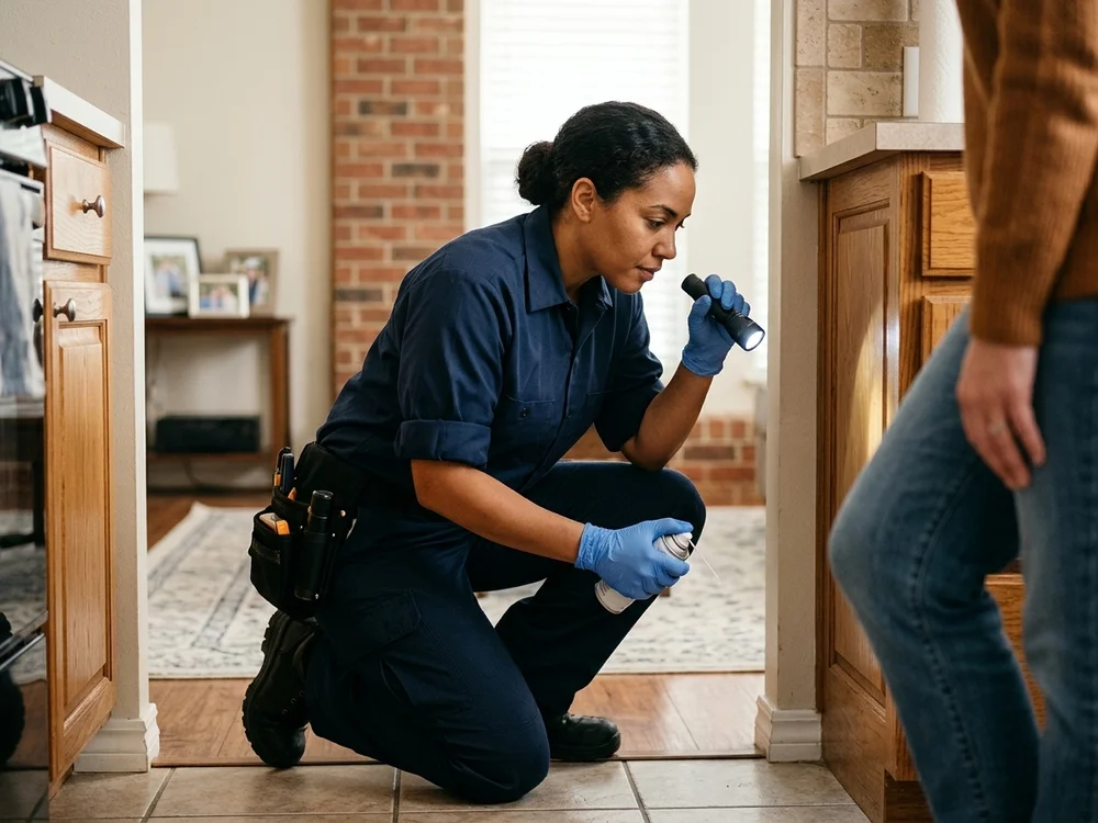 Armory technician inspecting a wooded acreage home in the cross-timbers of Seminole County.