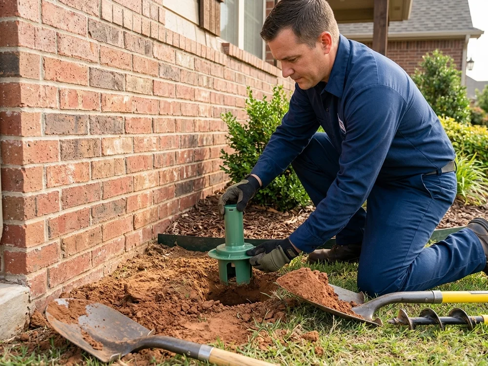 Close-up of an Armory exterminator treating an active pest entry point at a Newcastle acreage home.