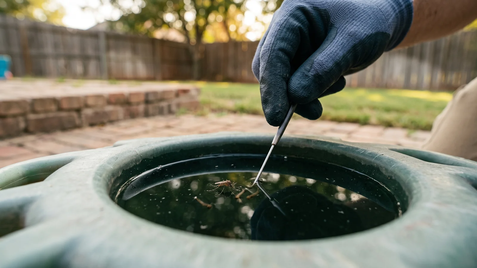Close-up of an Armory technician checking a wood sill plate for subterranean termite mud tubes in an older Oklahoma County home.
