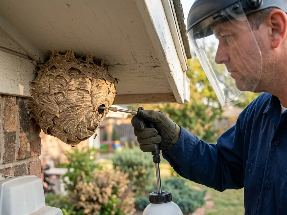 Close-up of an Armory technician treating a wasp nest under the eave of a rural McClain County outbuilding.