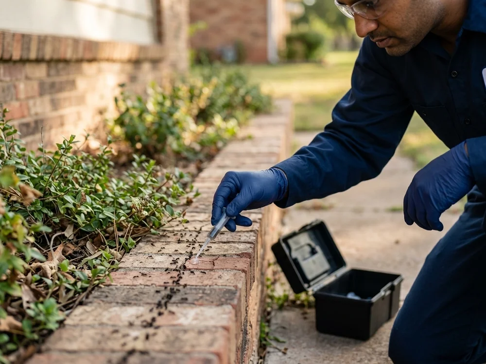 Close-up of an Armory technician placing colony-targeting ant bait near a new Newcastle home foundation.