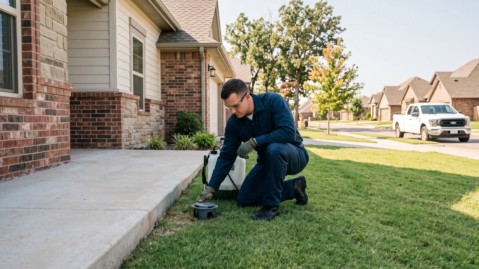Close-up of an Armory technician examining pest droppings and entry points inside an Oklahoma City home.
