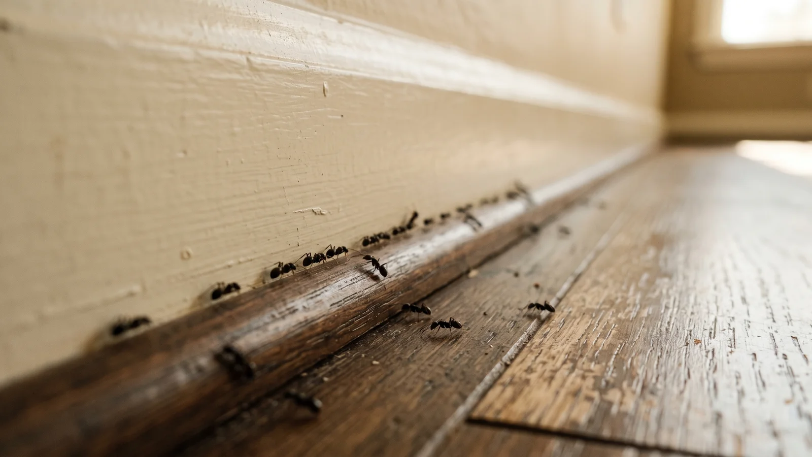 Close-up of an Armory technician checking the foundation line of a shaded 1950s ranch home in The Village.