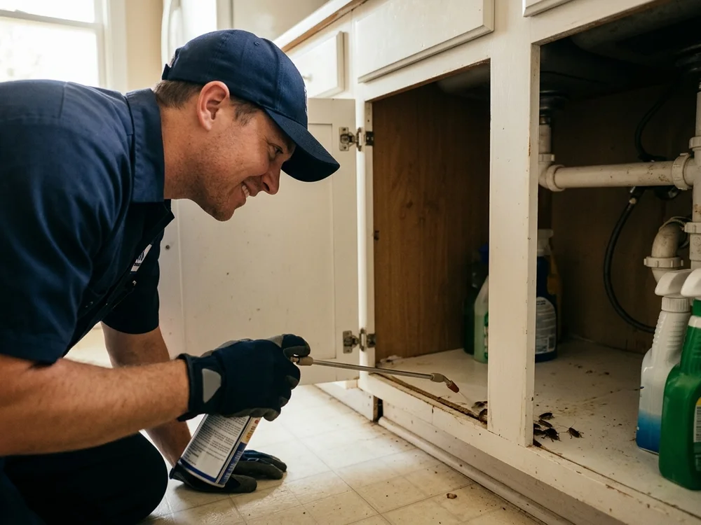 Close-up of an Armory technician checking a headboard and baseboard for bed bugs in a Moore, Oklahoma home.