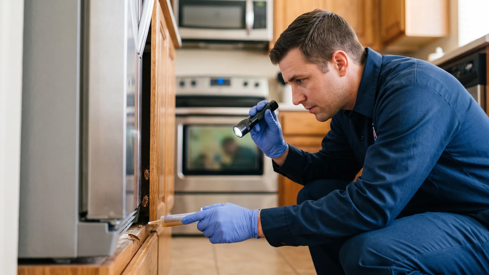 Close-up of an Armory technician applying gel bait to a cockroach harborage under the cabinets of an older Bethany kitchen.