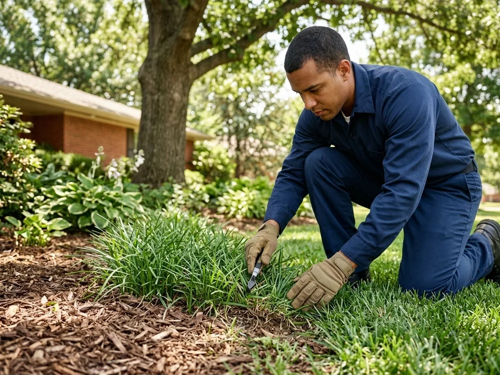 Armory Pest Defense technician inspecting the foundation of a home in an Oklahoma City metro neighborhood.