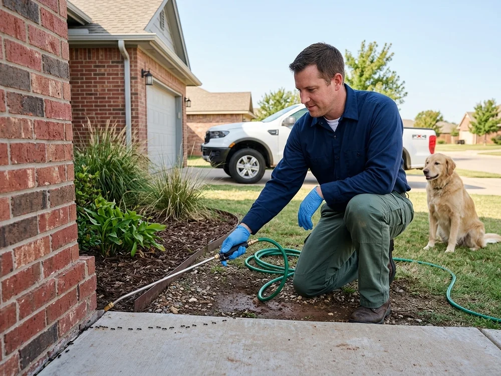 Close-up of an Armory technician checking a crawlspace for termites at an older Tecumseh home.