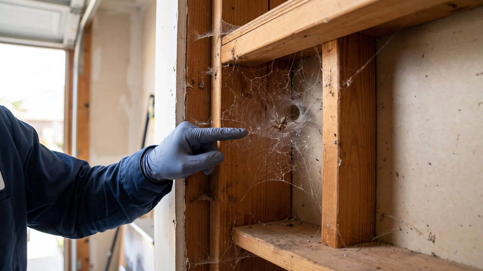 Close-up of an Armory technician inspecting a barn foundation for rodent entry on rural acreage in Seminole County.
