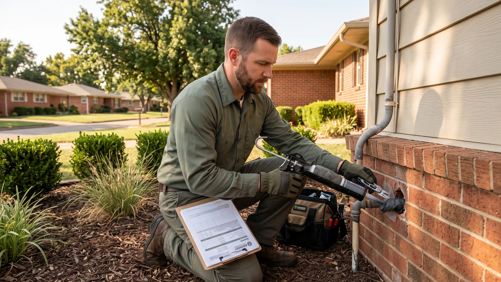 Armory technician treating a newly built commuter home near the Canadian River in McClain County.