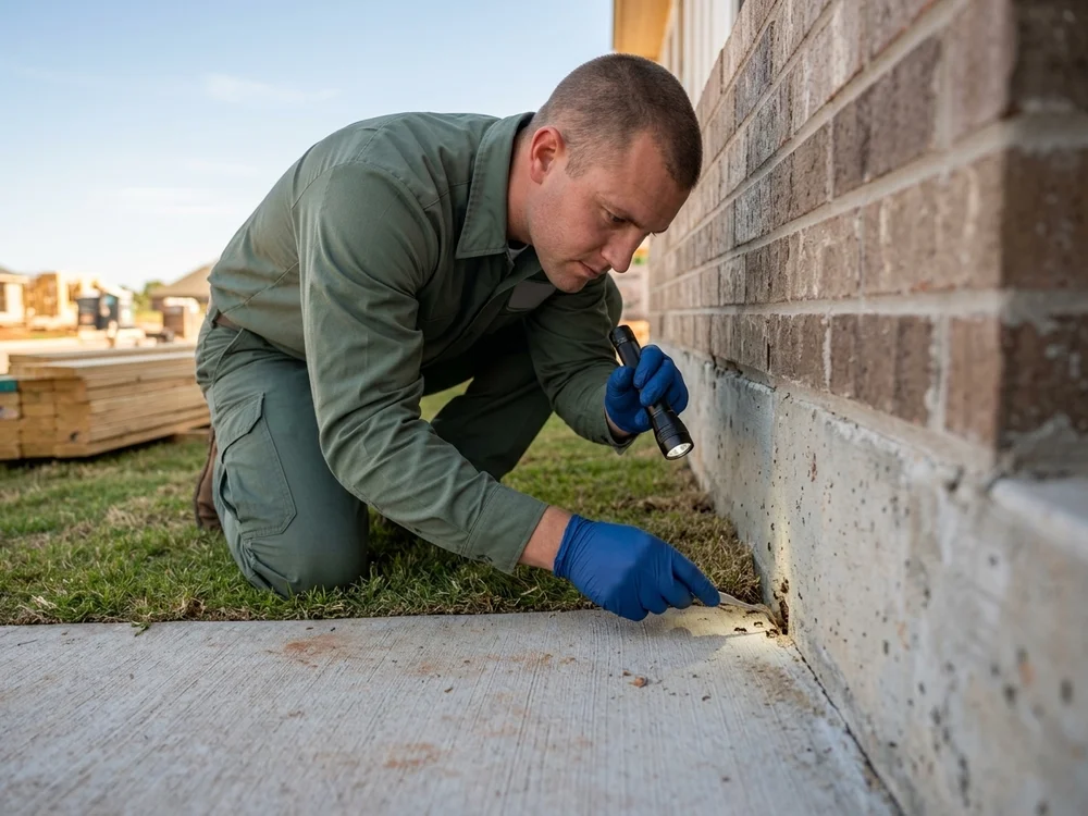 Close-up of an ant trail moving from a mulch bed into a foundation crack at a rural Jones acreage home.