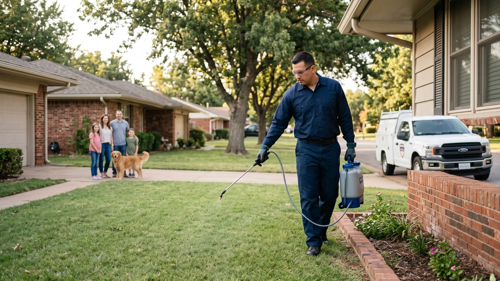 Documentary-style portrait of an Armory Pest Defense owner in uniform beside pest control equipment in Oklahoma City.