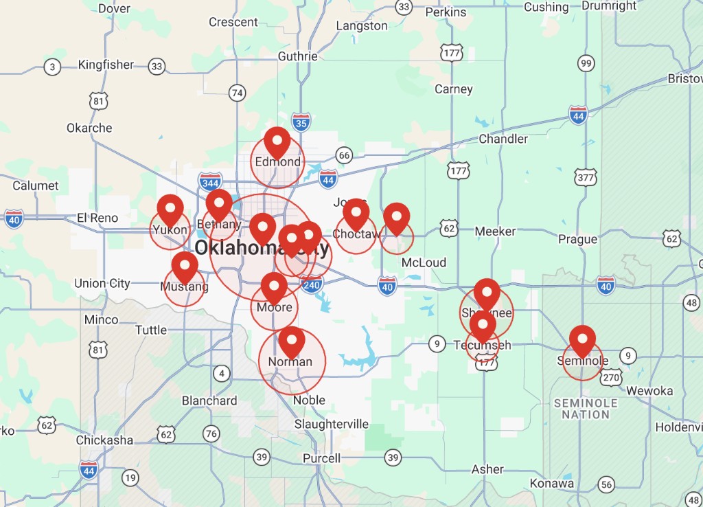 Map of Armory Pest Defense's service area across the Oklahoma City metro